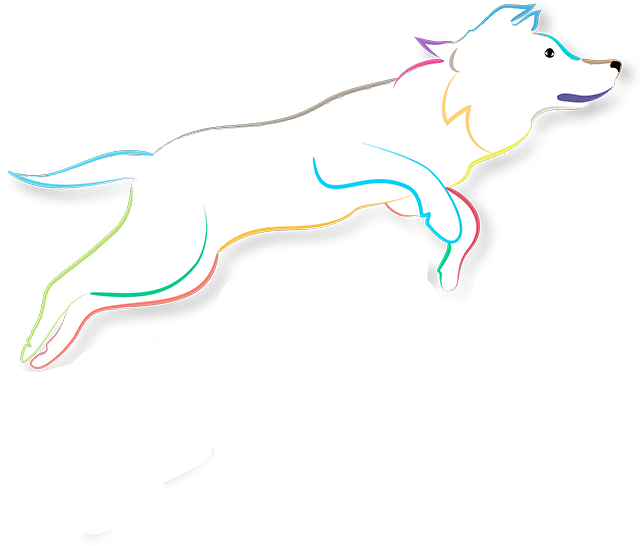 Dog jumping joyfully: an illustration taken from our logo of a white dog with a body border of cheerful colours, jmping from left to right, a very happy dog